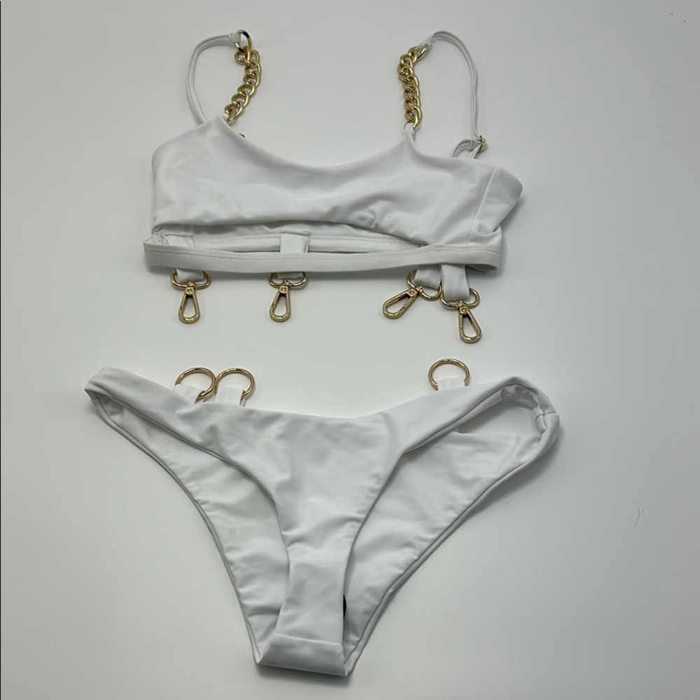 Fashion Nova Women's White Bikini Set Gold Accents New Chain Straps Small
